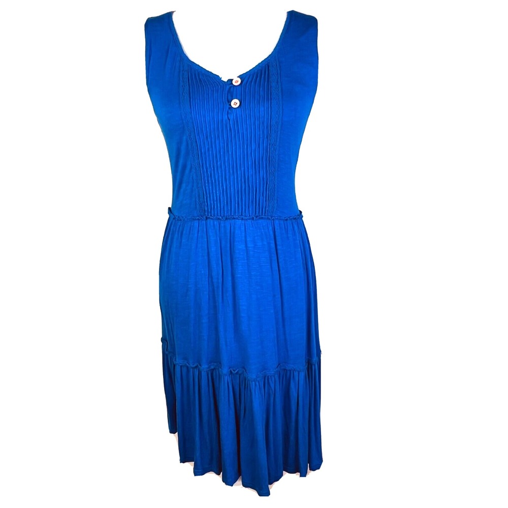 Matilda Jane Tiered Dress Womens XS Blue Rayon Sleeveless Boho Pin-tuckโ